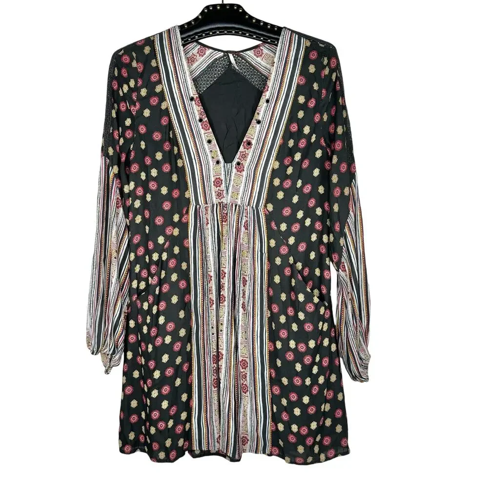 Free People Boho Rain Or Shine Pebbled Chiffon Printed Mini Dress XS